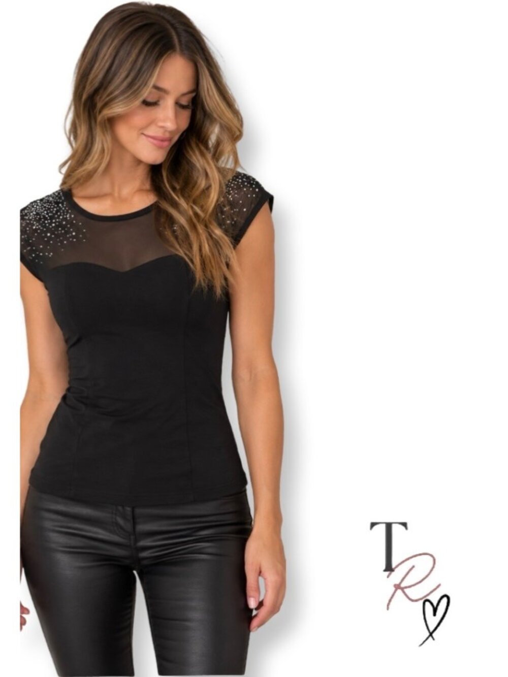 VENUS Y2K Glam Black Rhinestone Sheer Mesh Cap Sleeve Fitted Top Fits Like a M